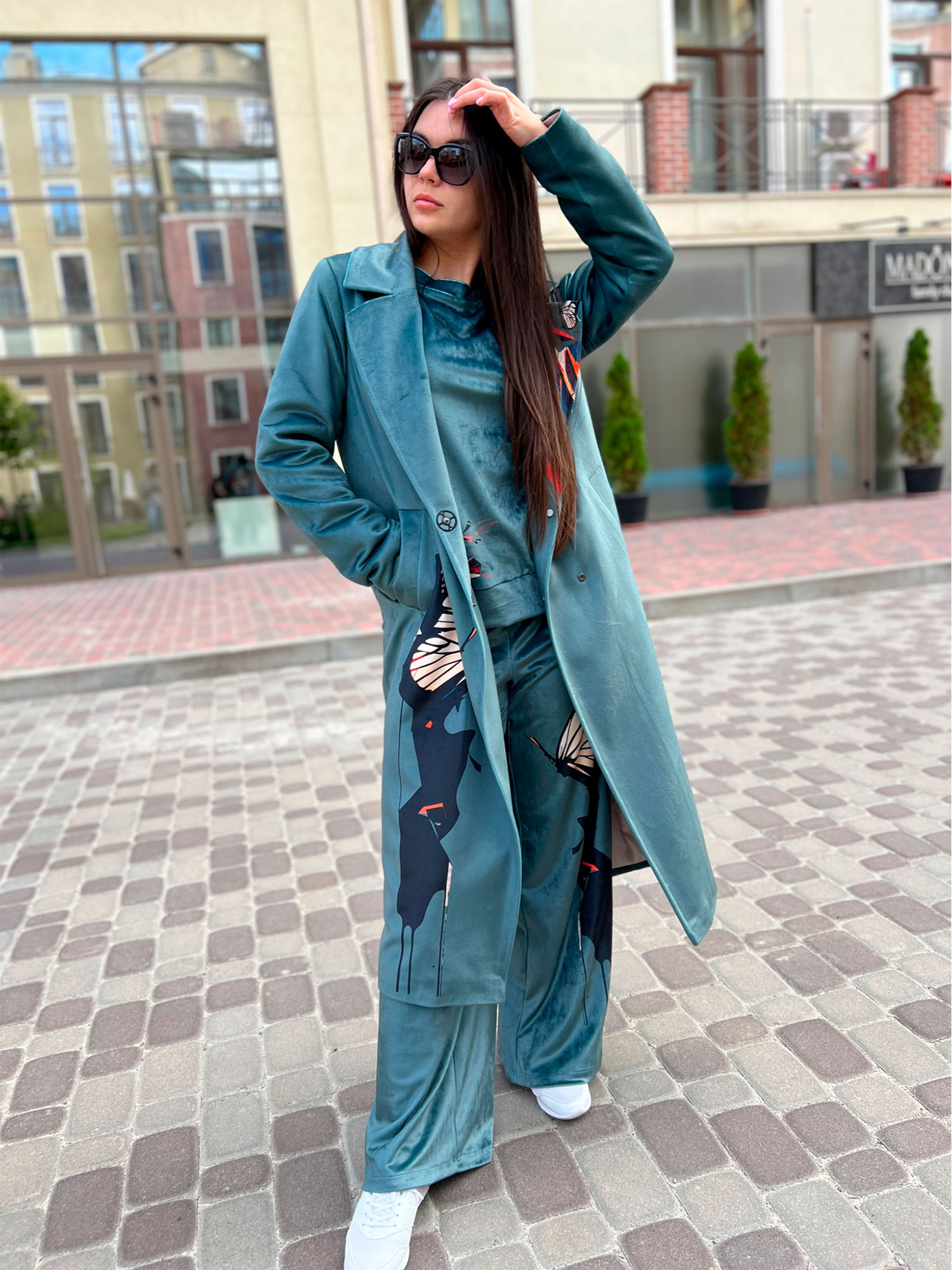 Велюрове пальто Артикул VO-44, принт № 129 зелений