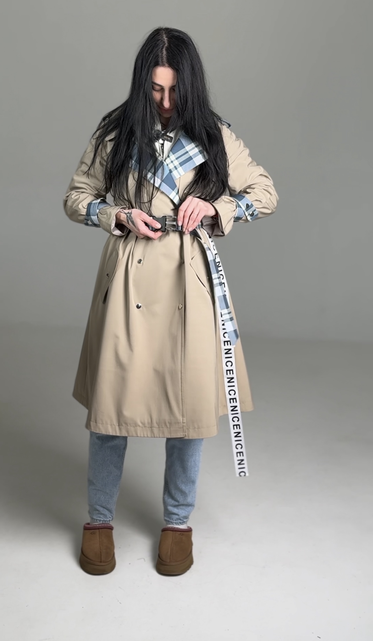 Жіночий тренч осінь/весна, Артикул VO-60, бежевий із клітинкою