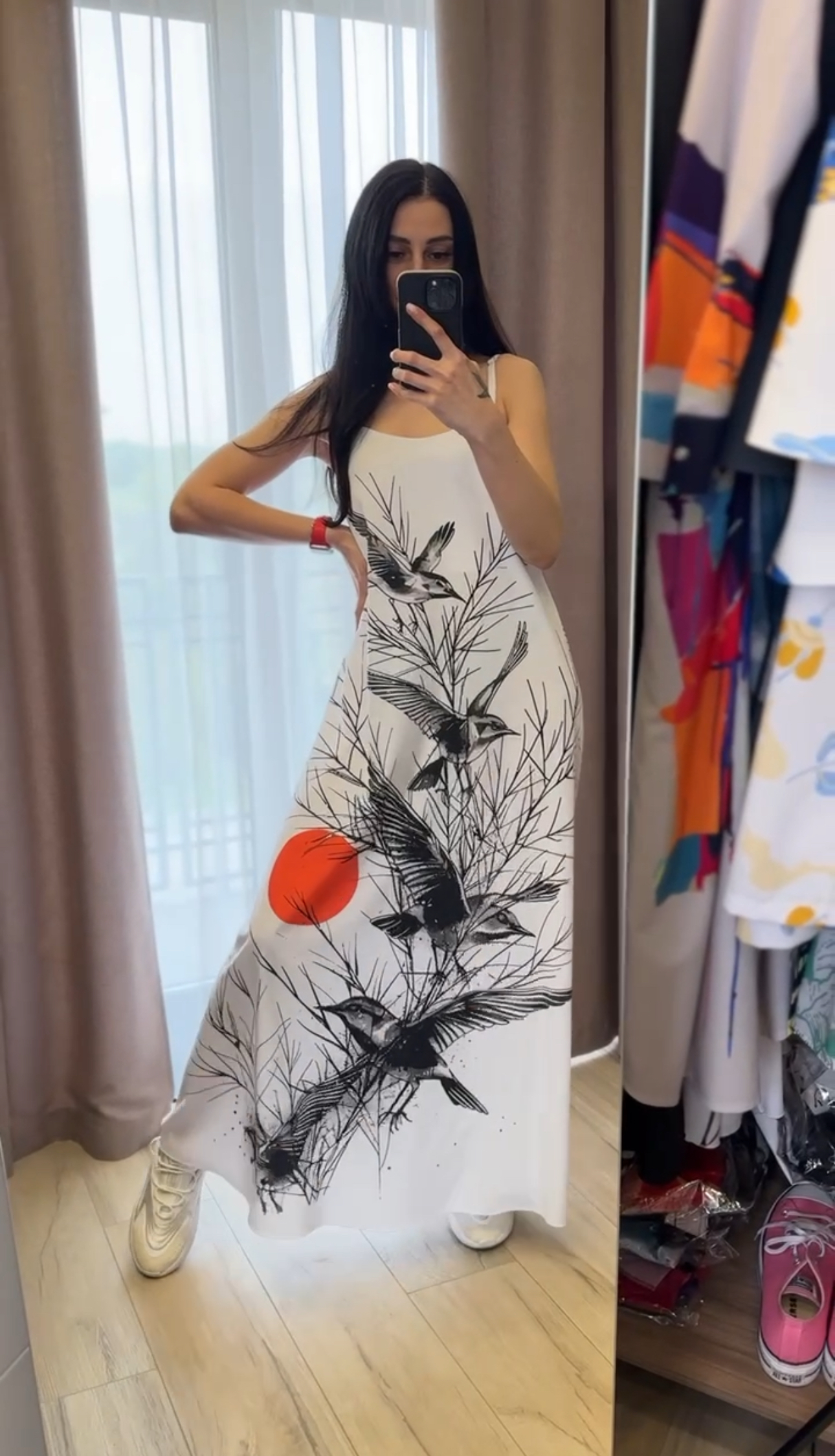 Комбінація, сукня, максі біла із пташками