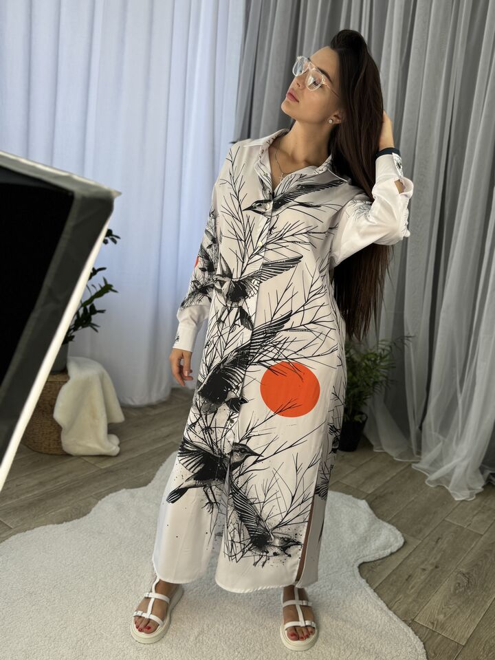 Сукня – сорочка, довга із поясом, біла із пташками