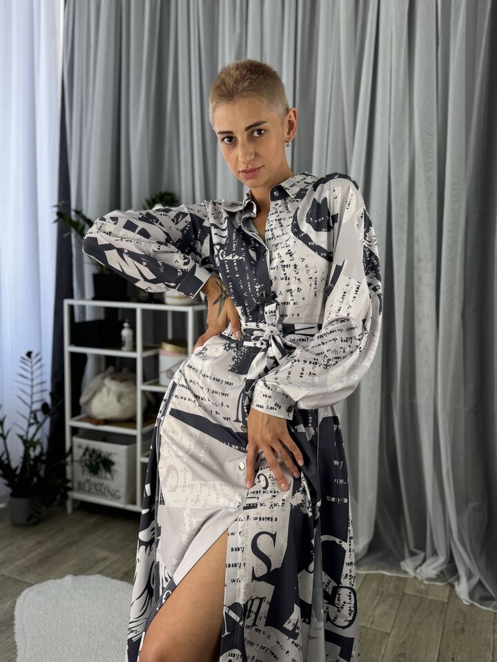 Жіноча довга сукня, сіра принтована