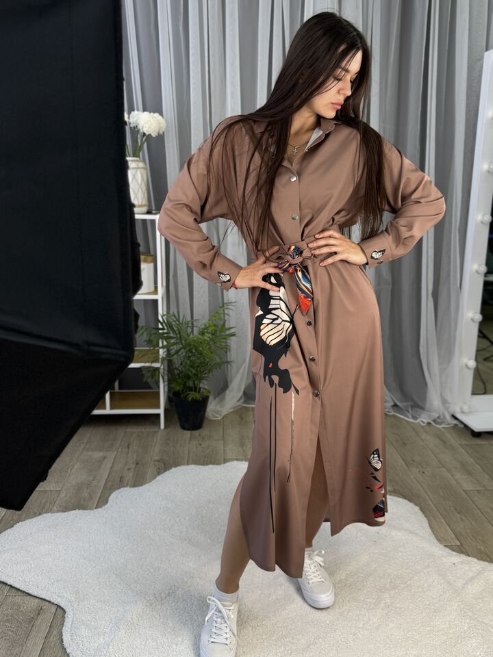 Dress – shirt, long with belt, abstract print