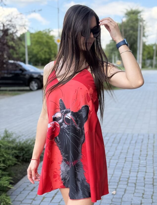 Комбінація, сукня коротка, міні, червона із котом