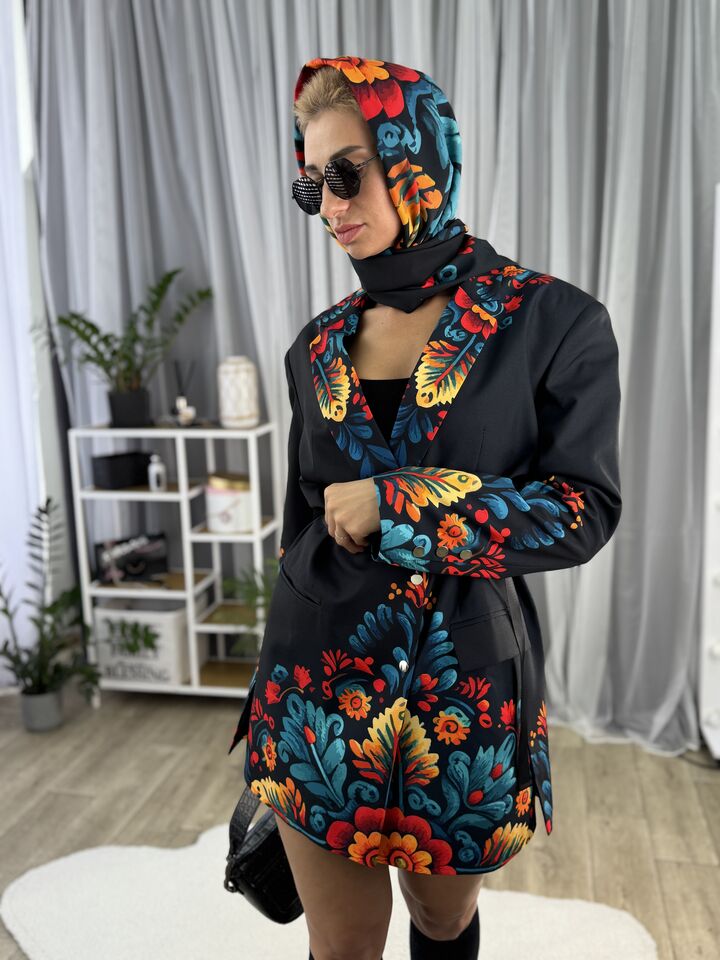 Сукня-жакет, oversize крій, темно синього кольору петриківський розпис