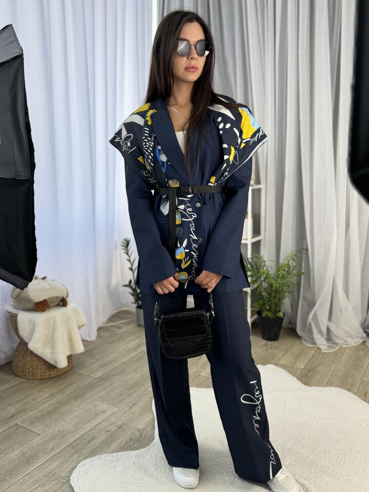 Women’s trouser suit, dark blue with Ukrainian print