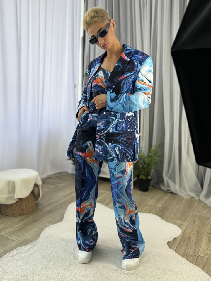 Жіночий брючний костюм, оверсайз, синій