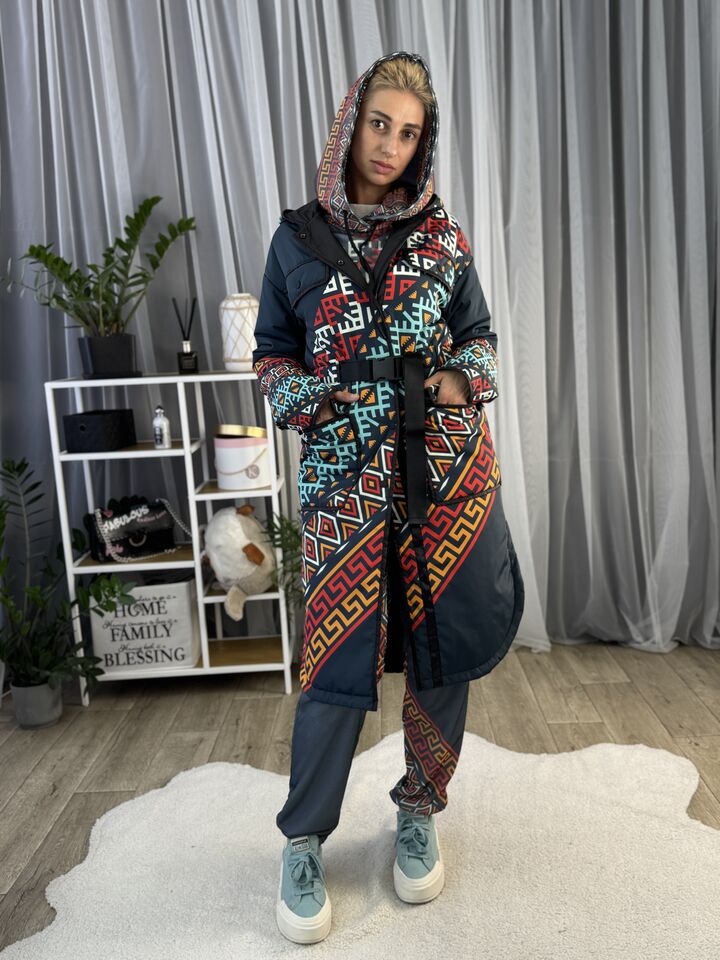 Жіночий плащ осінь/весна, зелений з орнаментом