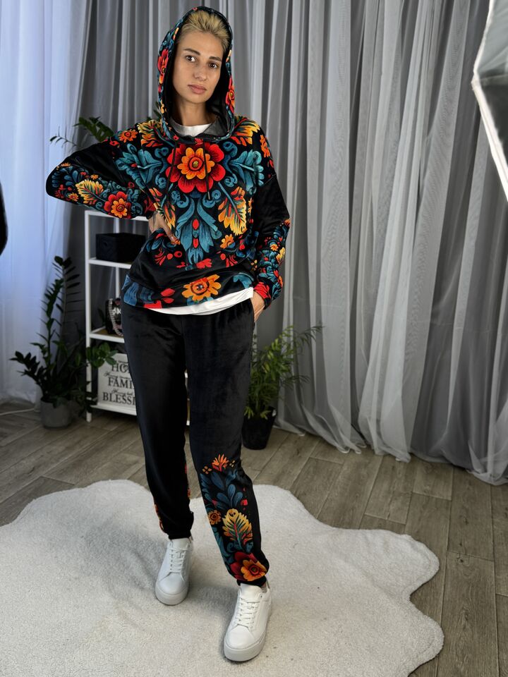 Велюровий жіночий костюм, весна/осінь, темно синій, петриківський розпис