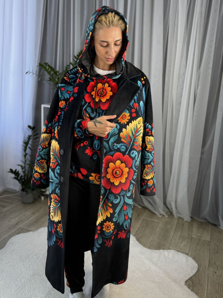 Жіноче осіннє пальто, велюрове, темно синє, петриківський розпис