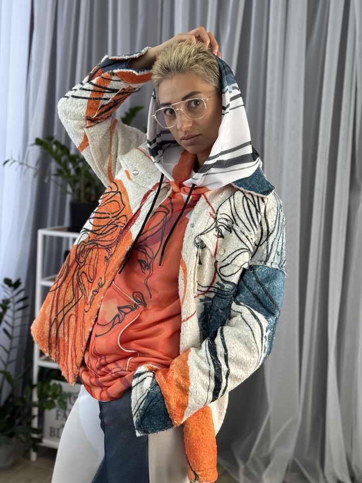 Жіноча двостороння джинсова куртка із хутром тедді, помаранчева