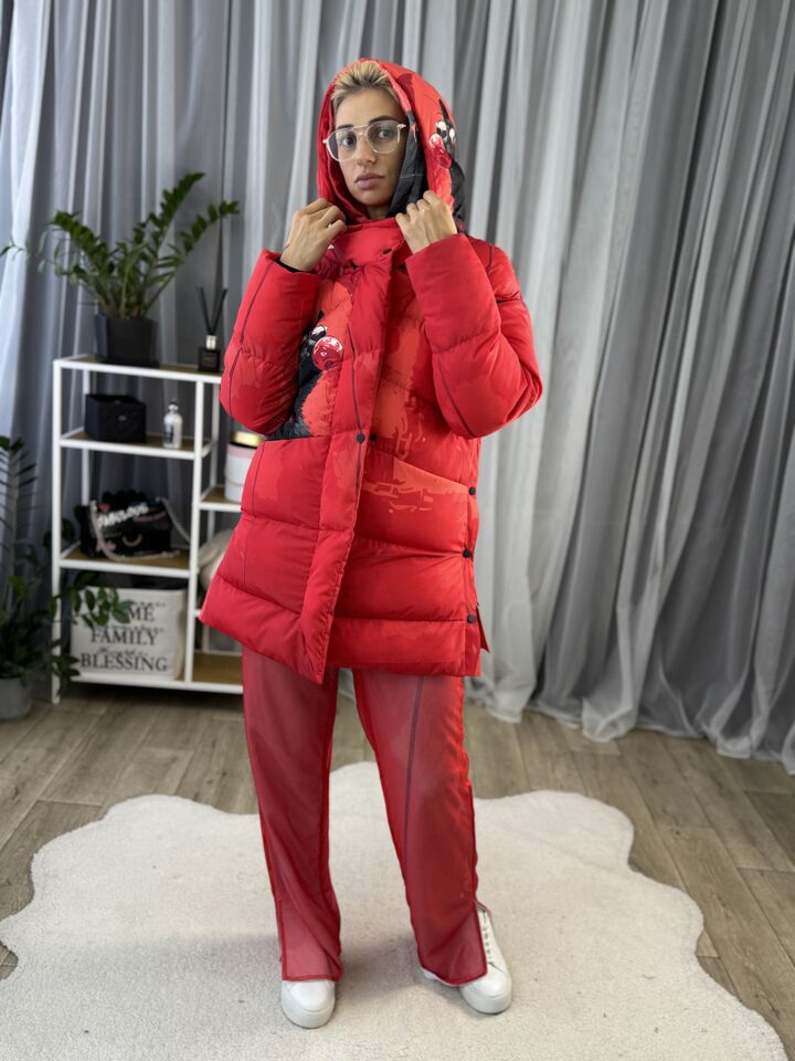 Зимова жіноча куртка, червона, з відстібними рукавами