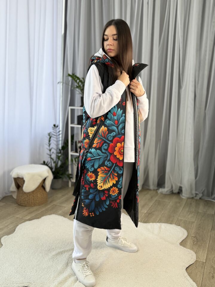 Жилетка жіноча довга, петриківський розпис