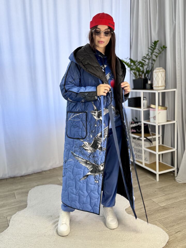 Жіноче довге стьобане двостороннє пальто, єврозима,блакитний принт