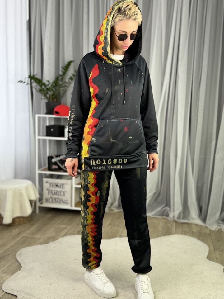 Бавовняний бежевий костюм, худі та штани джогери, весна/осінь,чорний із принтом