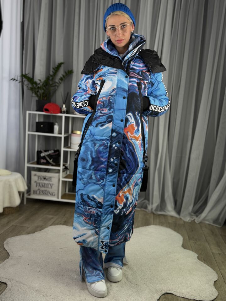 Довге зимове пальто куртка прямого крою з капюшоном, синій принт