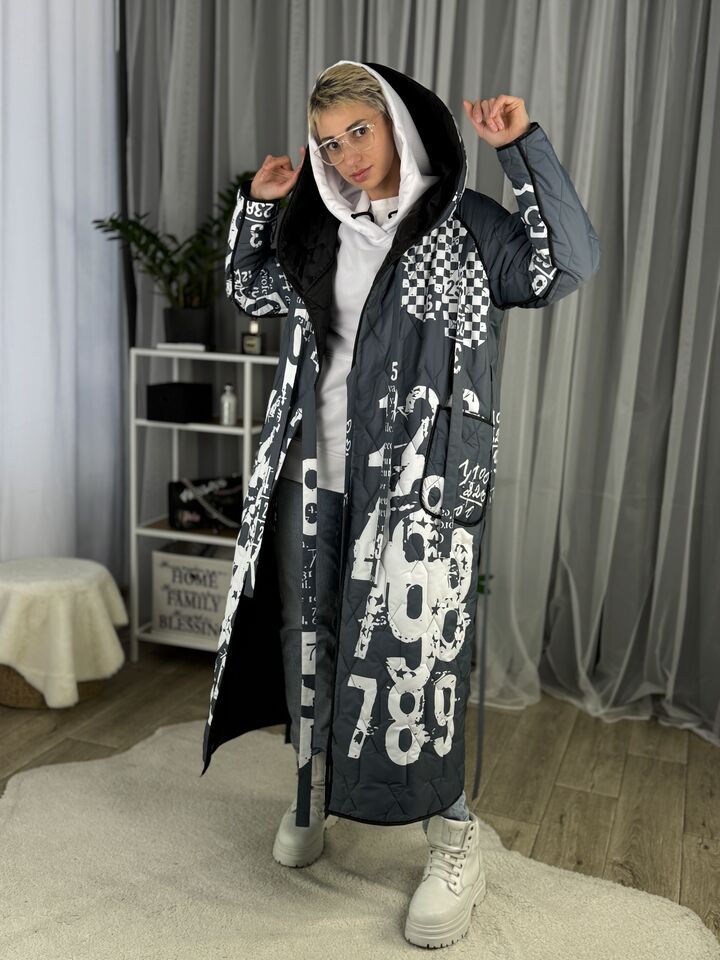 Жіноче довге стьобане двостороннє пальто, єврозима,сірий принт