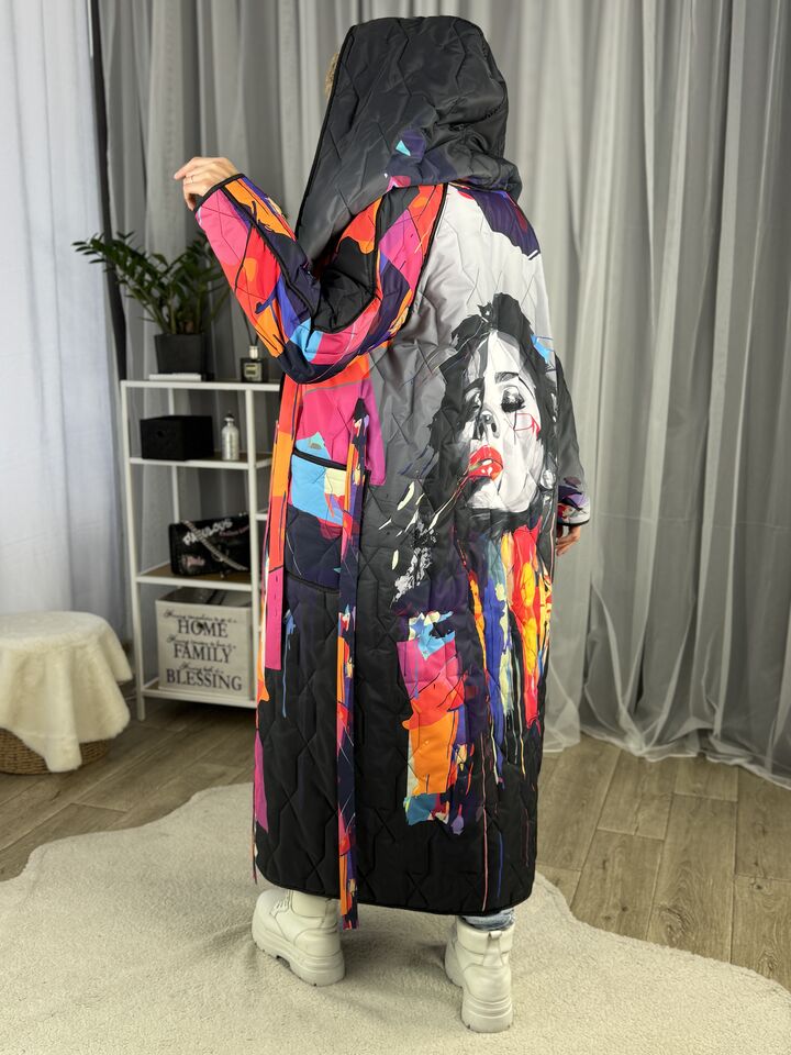 Жіноче довге стьобане двостороннє пальто, єврозима,сірий з рожевим